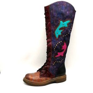 Womens Knee High‎ Cowboy Boots Purple Floral Side Zip Lace Up EUR 36 NEW